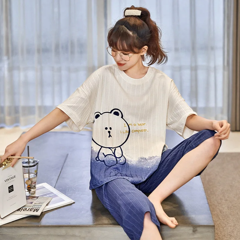 Summer Cotton Homewear Women's Short Pajamas Set Calf Pant Sleep Tops Sleepwear Female Girl Nightwear pijamas feminino Freeship