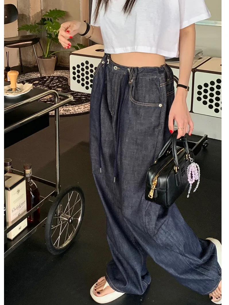 High Waist Dstring Loose Women's Jeans Faionable Wide Leg Pants Versatile Long Trousers for Small Stature