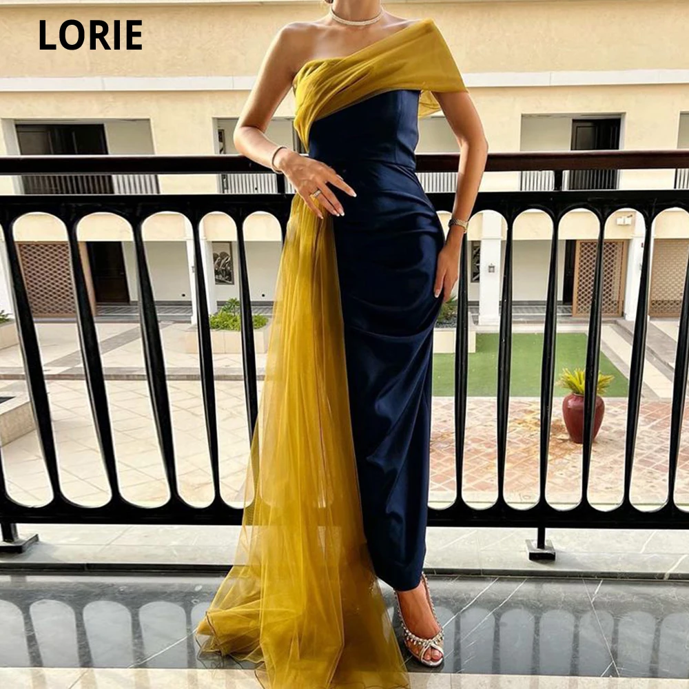 

Вечерние платья-русалки LORIE длиной ниже колена, с открытыми плечами, без рукавов, эластичное атласное платье для выпускного вечера, тюлевые накидки, платья для вечеринки