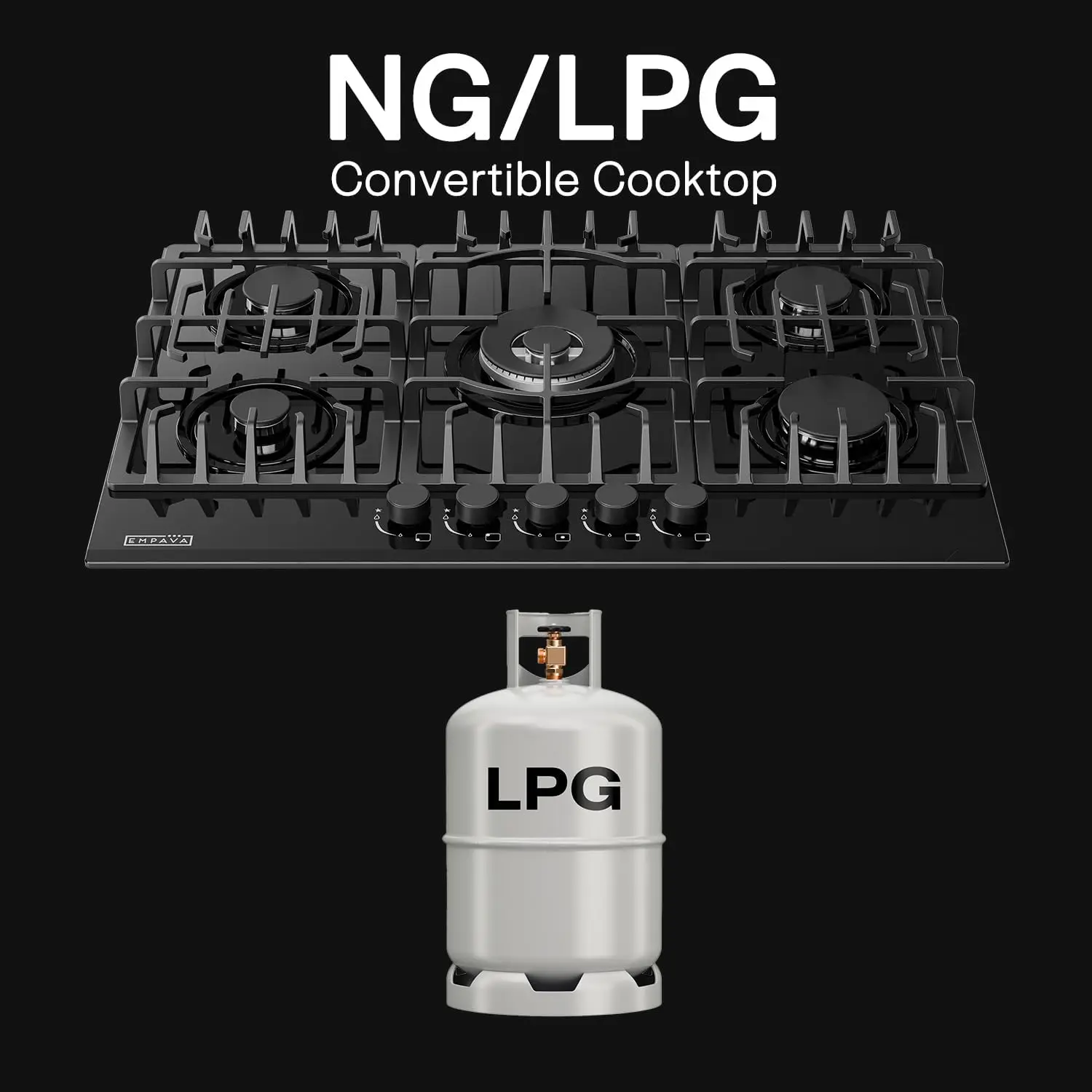 30 in. Gas Stove Cooktop 5 Italy Sabaf Sealed Burners NG/LPG Convertible in Black Tempered Glass, 30 Inch 5