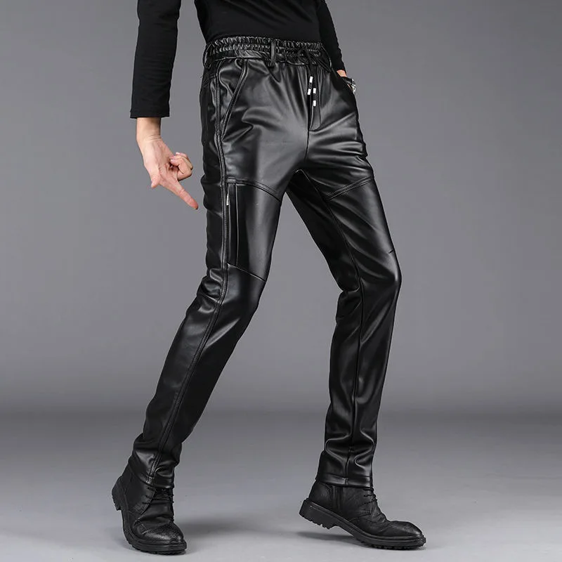 

Мужские модные облегающие лоскутные брюки из искусственной кожи с эластичным поясом на шнуровке, Молодежные локомотивные кожаные брюки, 2024