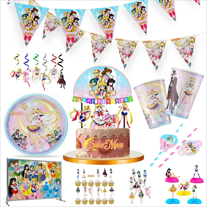 Pink Sailor Moon Cartoon Baby Shower Disposable Tableware Set Paper Cup Plates Banner Background Birthday Party Decorate Supply allenjoy happy birthday party round backdrop cover banner baby shower sands pink golden glitter bokeh customized background