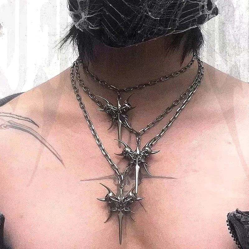 Gothic-Schmuck Kettenhalskette mit Totenkopf-Anhänger für Frauen Punk 90er Ästhetik Accessoires Dornen-Spike-Halskette Grunge Rock