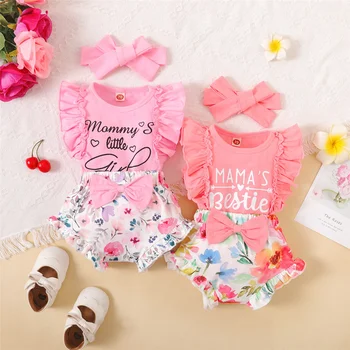 0-18Months Newborn Baby Girl Clothes Mommy's Girl Print Sleeveless Romper Top+Flowers Shorts+Headband Summer Lovely 3PCS Outfit 1