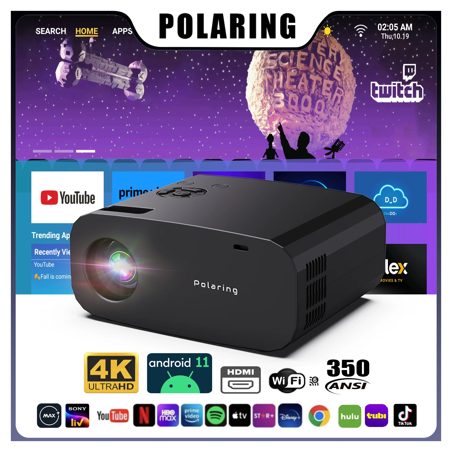 Polaring P7 Pro 1G+16G 1080P Android 4K Projetor Dual 6G Wifi BT 300Ansi Cinema Home Keystone Proyector