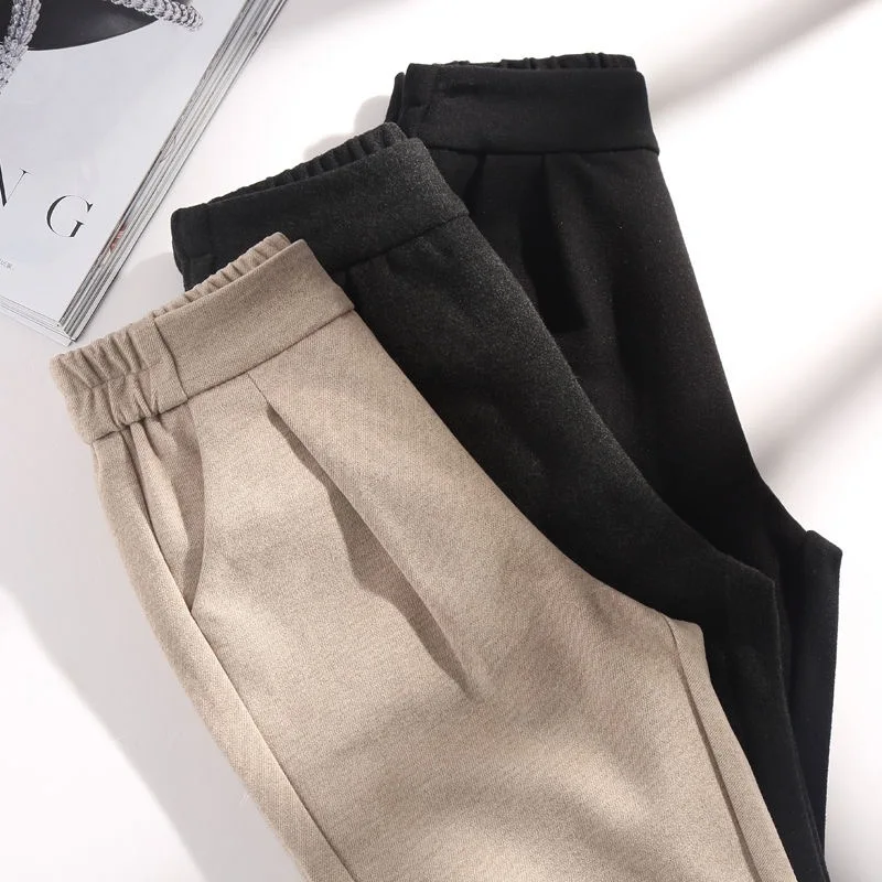 3 Colors Woolen Pants Women's Harem Pencil Pants 2024 Autumn Winter High Waist Elastic Korean Style Lady Suit Pants Trousers 4