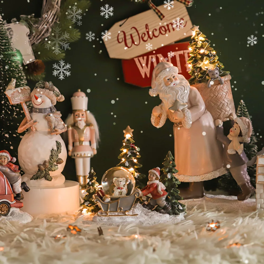 

2021 Christmas Home Decorations Accessories Village Houses Figures Snowman/Santa Claus Figurines Xmas Decor Deer Gifts LED Light