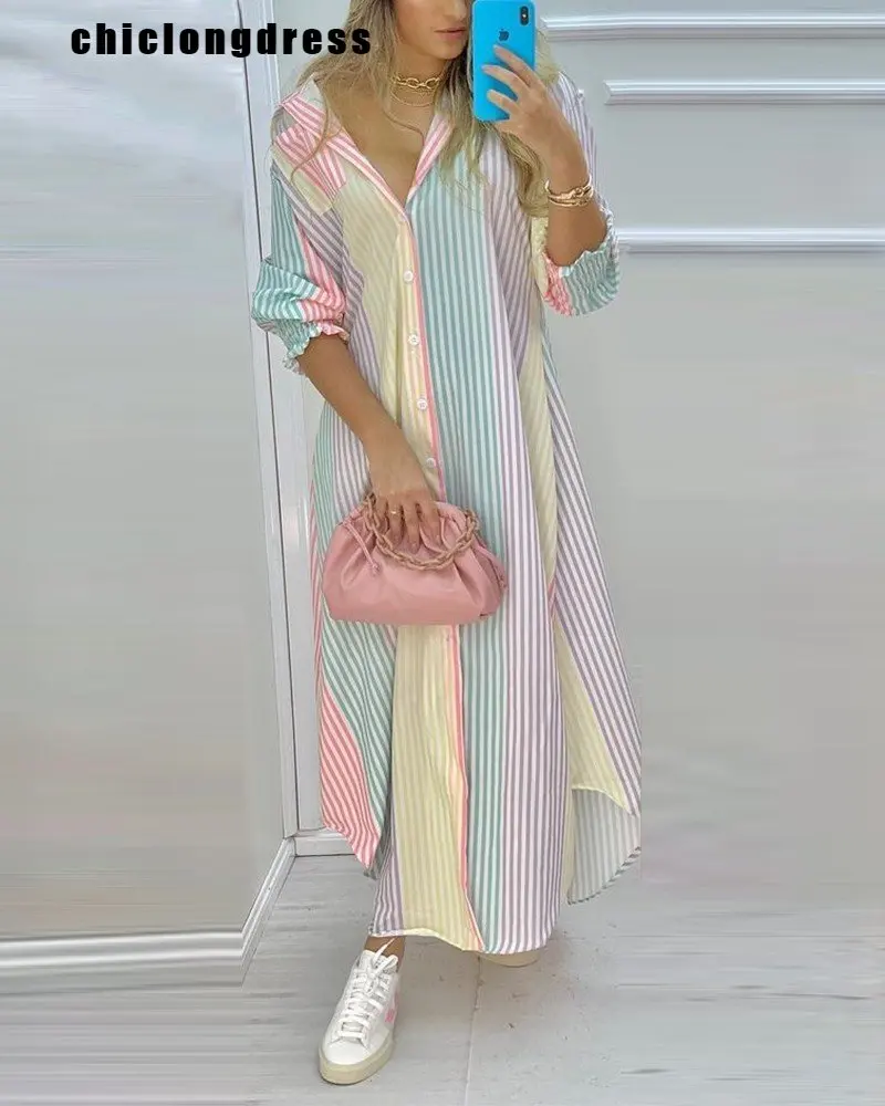 

Women Casual Shirt Dress Fashion Printing Loose Button Shirt Irregular Maix Dress For Women