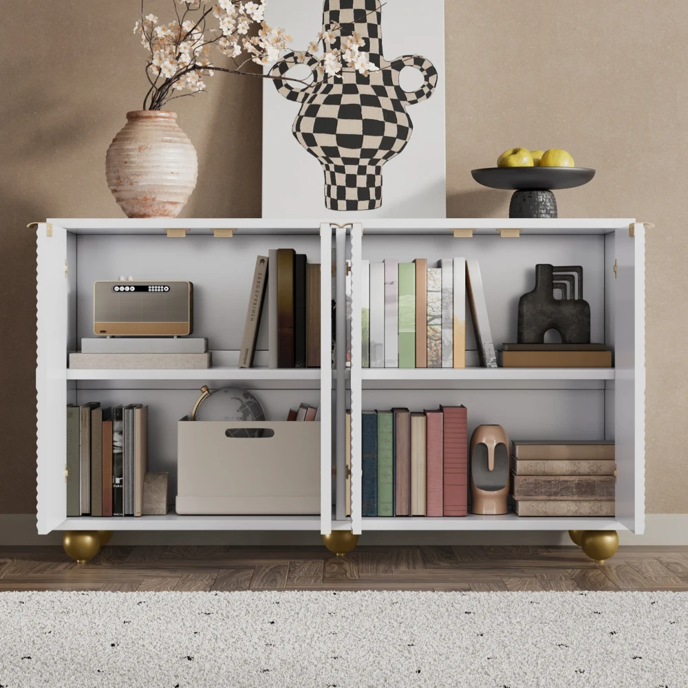 Elegantes Sideboard mit vier Türen | Verstellbare Innenböden, Metallgriffe und klassische kugelförmige Beine, Aufbewahrungsschrank – Detail 21