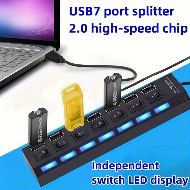 USB 허브 USB 스위치 허브 2.0 어댑터, 고속 멀티 7 포트, USB 온 오프, 컴퓨터 노트북용 휴대용 분배기