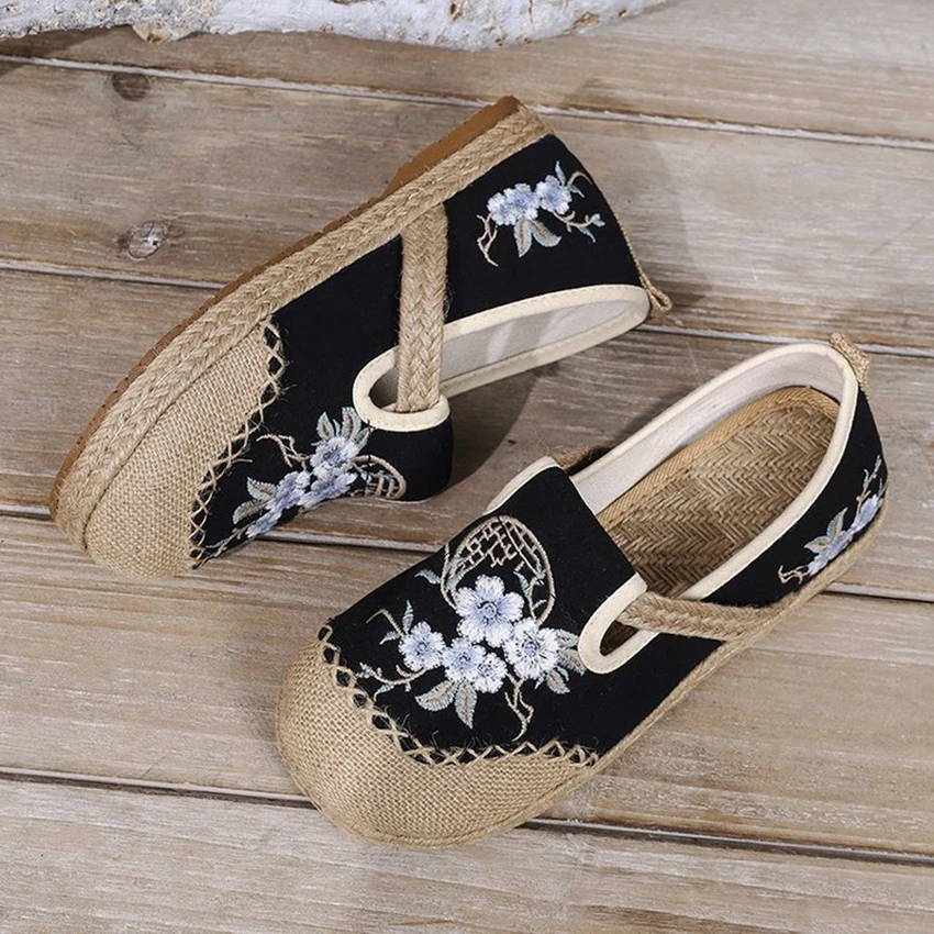 Flats Women Shoes Embroider Retro Lace-up Round Toe Cotton Linen New Handmade Concise Comfortable Ladies Shoes Spring and Summer