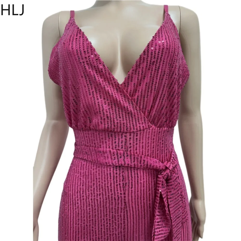 HLJ Fashion V Neck Sequin Lace Up Party Club Jumpsuits Women Sleeveless Backless Bandage Straight Pants Playsuits Spring Overall