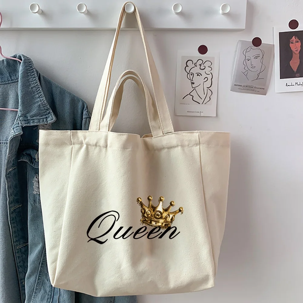 Women's Bag Casual Large Capacity Shoulder Bags Shopper Canvas Fashion Harajuku King&queen Pattern Print Couple Shopping Handbag