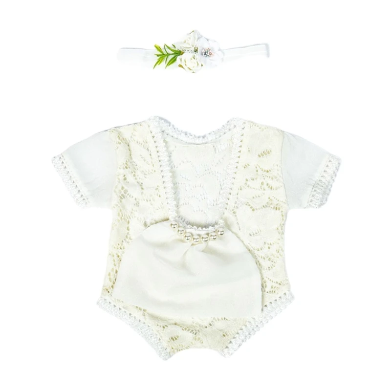 

Newborn Photo Outfit Baby Lace Flower Headband Rompers Photo Props Suit