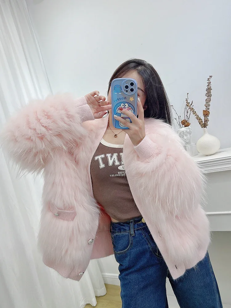 Real Fox Fur Coat Female Raccoon Hair Braided Short Young Solid Fashion Slim Fur Knitted Office Lady Women's Clothes Winter 2023