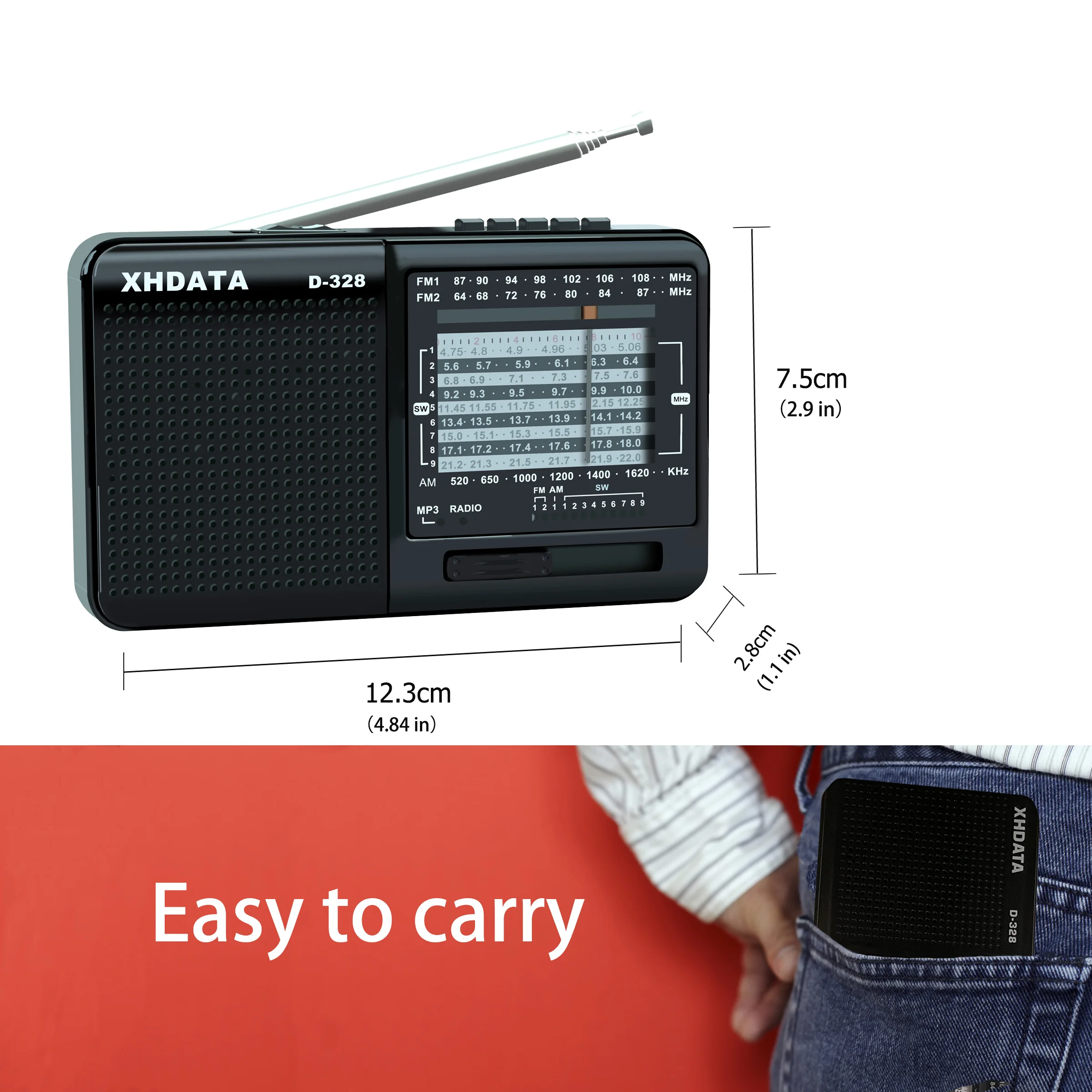 Banda de Rádio de Ondas Player com Cartão Xhdata Rádio sw Portátil Curtas Mp3 tf Jack 4receiver - 3w Receptor D-328 fm am - Image 4