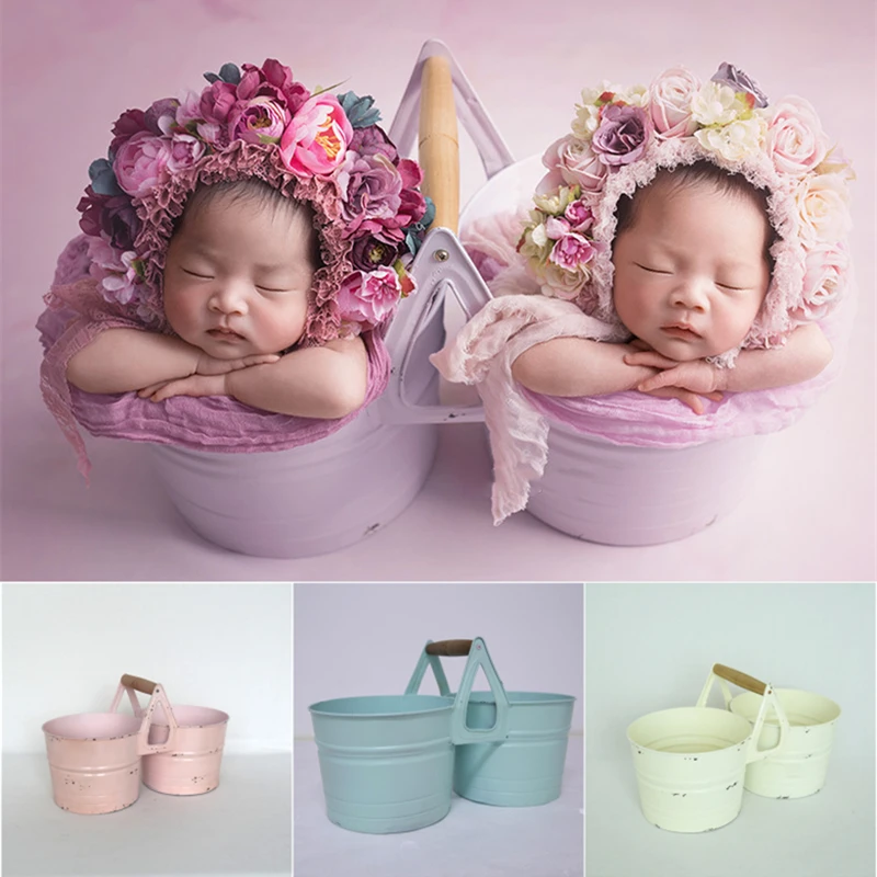 Newborn Baby Photography Props Iron Twins Floral Bucket Fotografia