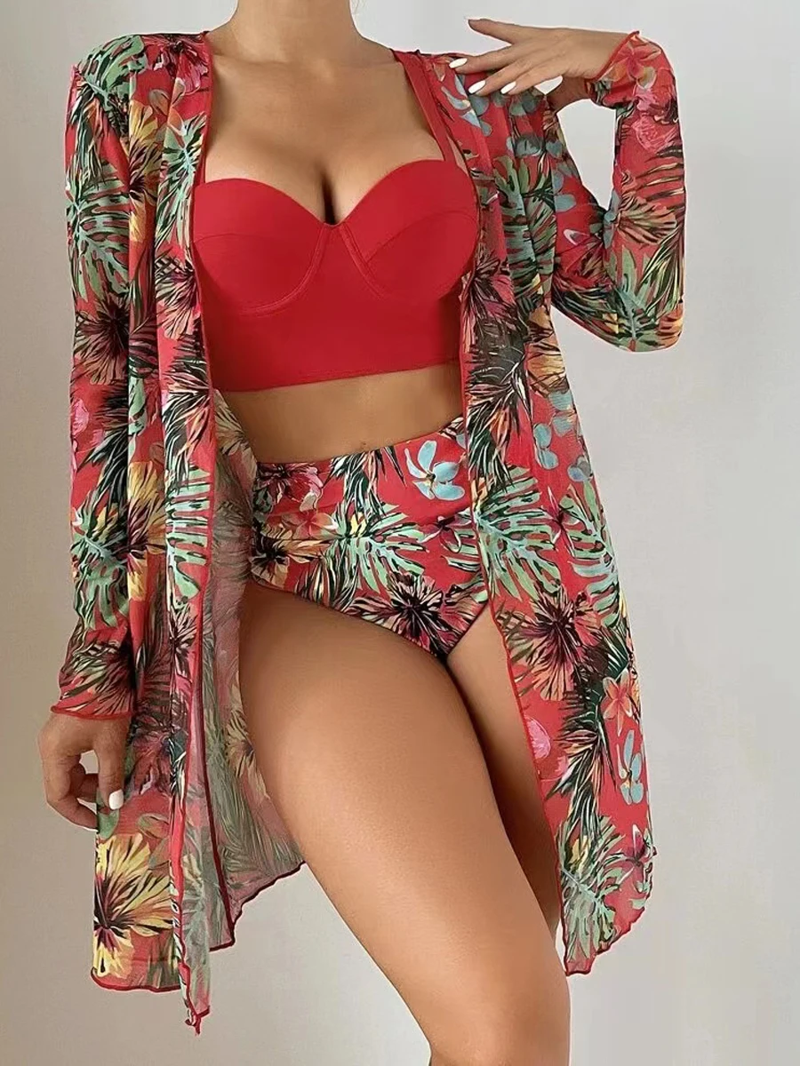 Sexy 3 Piece Bikini Set 2023 Women Cover Up Swimwear Female Tropical Printed Swimsuit Push Up Beachwear Long Sleeve Bathing Suit