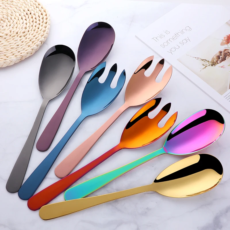 2pcs Gold Salad Spoon and Fork Stainless Steel Spoons Stirring Fork Kitchen Utensils Metal Buffet Service set for restaurant