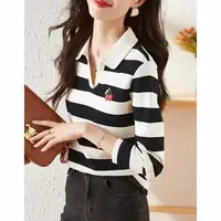 Women Korean Fashion Striped Print Elegant Polo Collar T-shirt Spring Autumn Female Casual Long Sleeve Loose Chic All Match Tops - Image 4