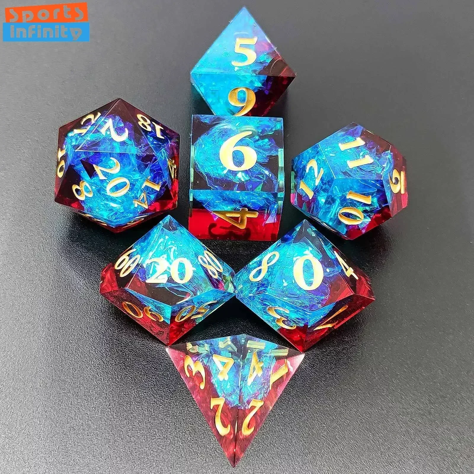7Pcs Set Beautiful Black Gold Resin Dice for DND TPG TRPG Board Game COC Running Team Cthulhu Polyhedral Dice Number Kit