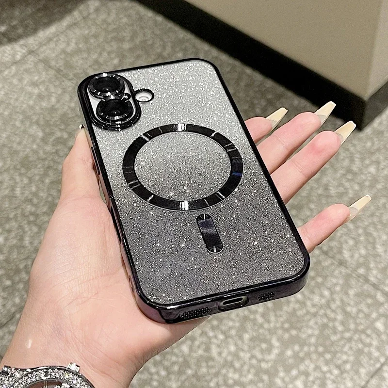 Custodia morbida magnetica per telefono con glitter di lusso per iPhone 16 15 14 13 12 11 Pro Max Plus, custodia antiurto con ricarica wireless_voghion.com