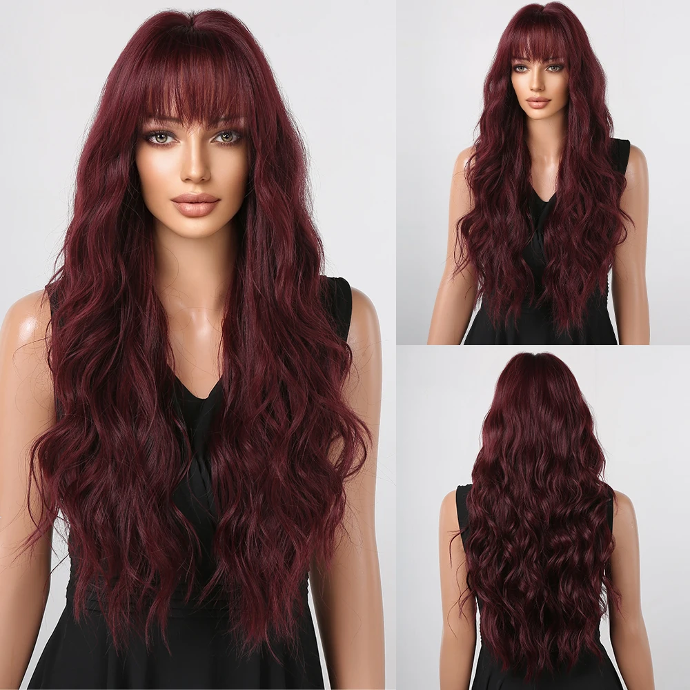 

HENRY MARGU Long Wavy Burgundy Dark Red Synthetic Wigs with Bangs Body Wave Cosplay Natural Hair Wig for Women Heat Resistant