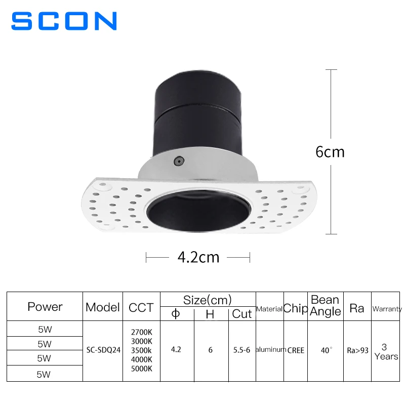 SCON Smart Triac Dimming LED Downlight Borderless Embedded Anti Glare 5W COB Spotlight Ceiling Lamp For Living Room Bedroom