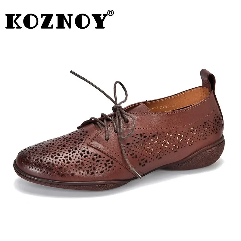 

Koznoy Women Leather Moccasins 3cm Lace Up Natural Genuine Summer Flats Comfy Females Breathable High Brand Hollow Ladies Shoes