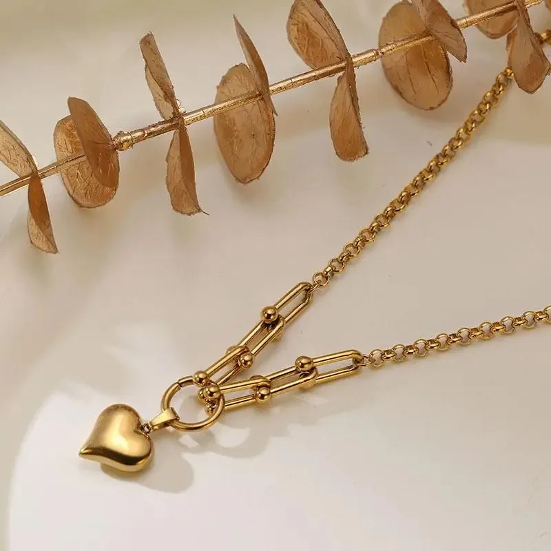 Vintage Stainless Steel Love Heart Pendant Necklace Bracelet for Women Luxury Non-Fading Party Jewelry Accessories