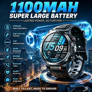 Smartwatch con Schermo AMOLED a Colori da 1,43 Pollici, Batteria da 1100mAh, Bussola per Esterni, Oltre 100 Modalità Sportive, Monitoraggio della Salute