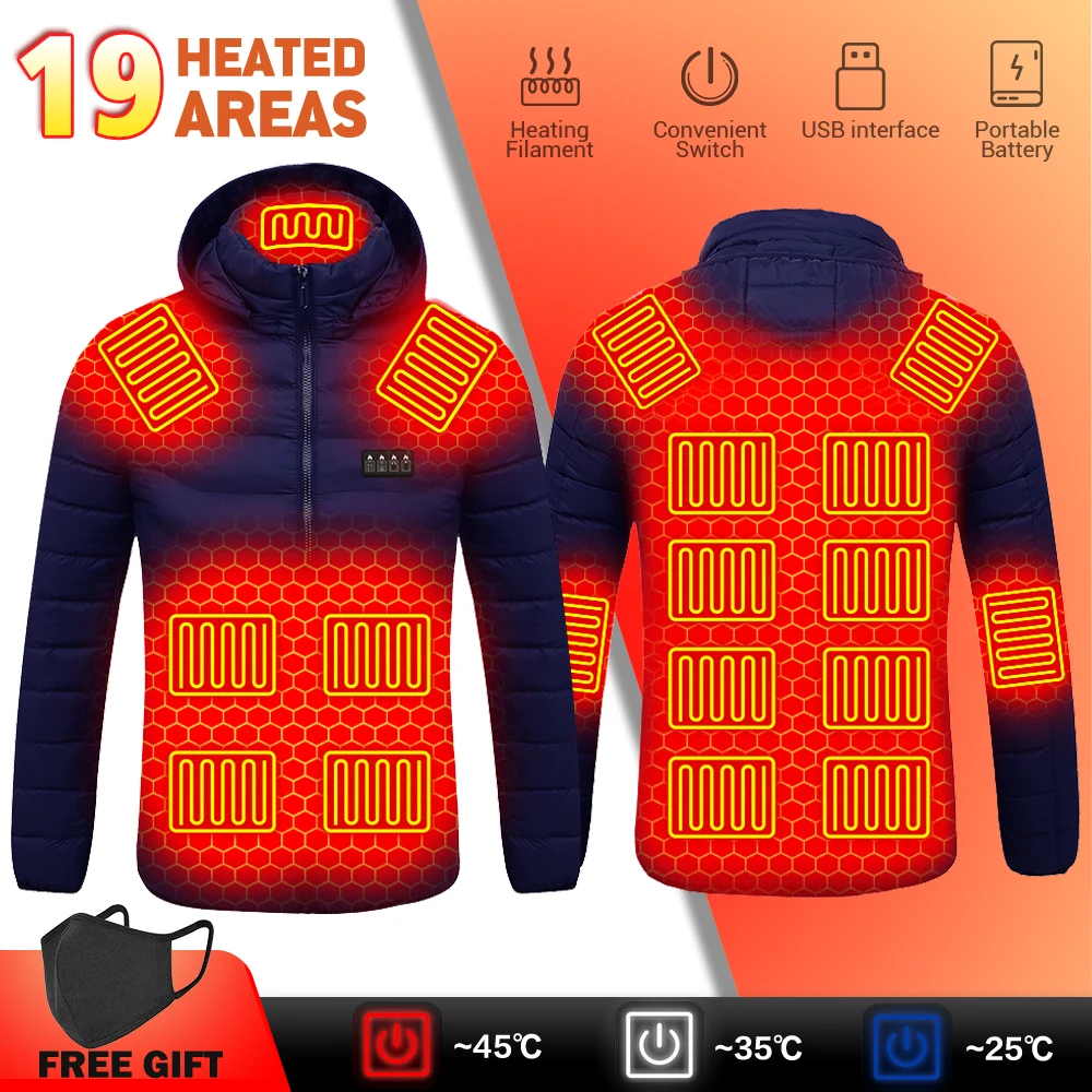 

19 Areas Heated Jacket Men Women Winter Warm USB Electric Heating Jacket Adjustable Temperature Outdoor Sportwear Cotton Clothes