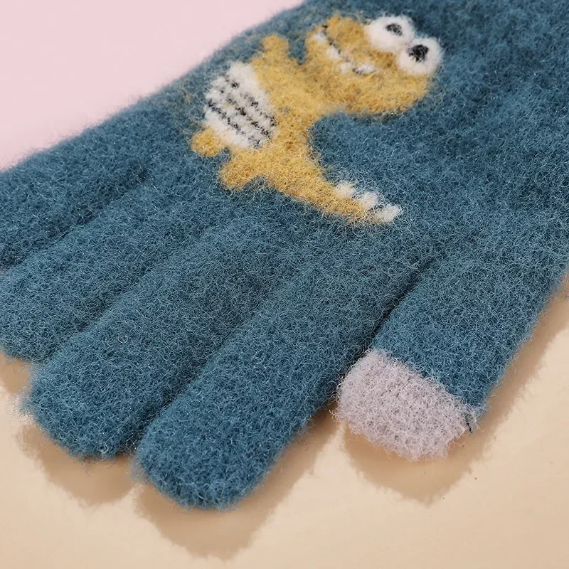 Kids Winter Gloves 3-9 Years Thickened Knitted Cartoon Small Dinosaur Warm Plush Toddlers Mittens