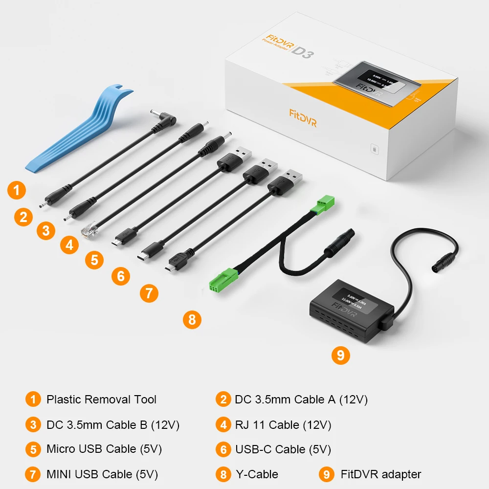 볼보 및 폴스타용 FitDVR 대시캠 어댑터(3핀), LED 디스플레이, USB 전원 공급 카메라 케이블, 차량용 DVR 액세서리, D3-015