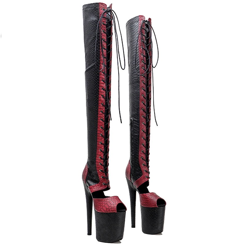 

Leecabe 20CM/8Inch Snake PU UPPER black with red color Platform disco party High Heels Shoes Pole Dance boot