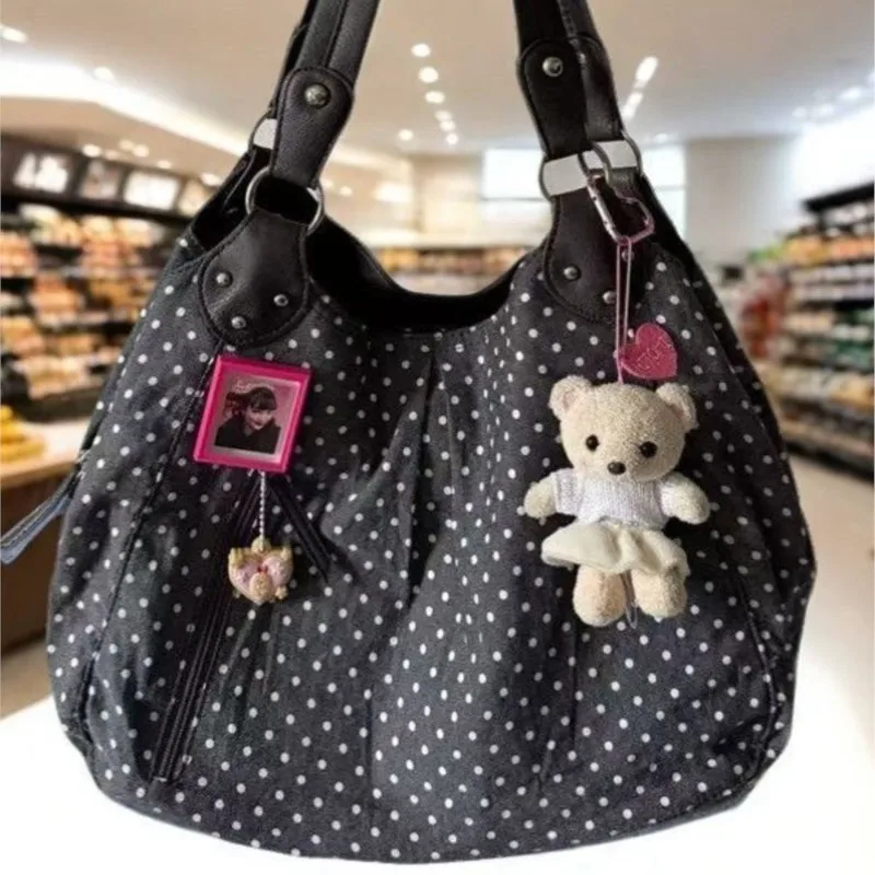 JIAERDI Harajuku Retro Polka Dot Tote Bag Women Black Wrinkle Large Capacity Shoulder Bag Ladies Sweet Cute Commute Underarm Bag