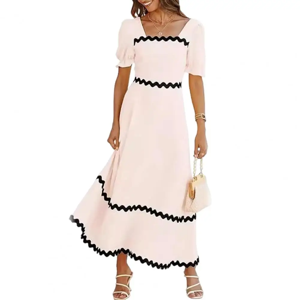 

Летнее женское платье с цветочным краем, лоскутное платье с короткими рукавами-фонариками, плиссированное платье-трапеция с квадратным вырезом до щиколотки, женская одежда