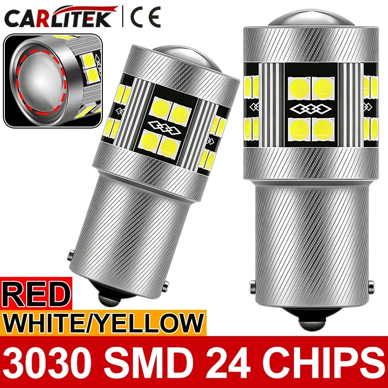 CARLITEK LED Signal Bulbs 1156 1157 BA15S BAY15D, 12V 3030 24SMD 6000K 6500K White Yellow Red Canbus 2PCS Tail Brake Parking Turn