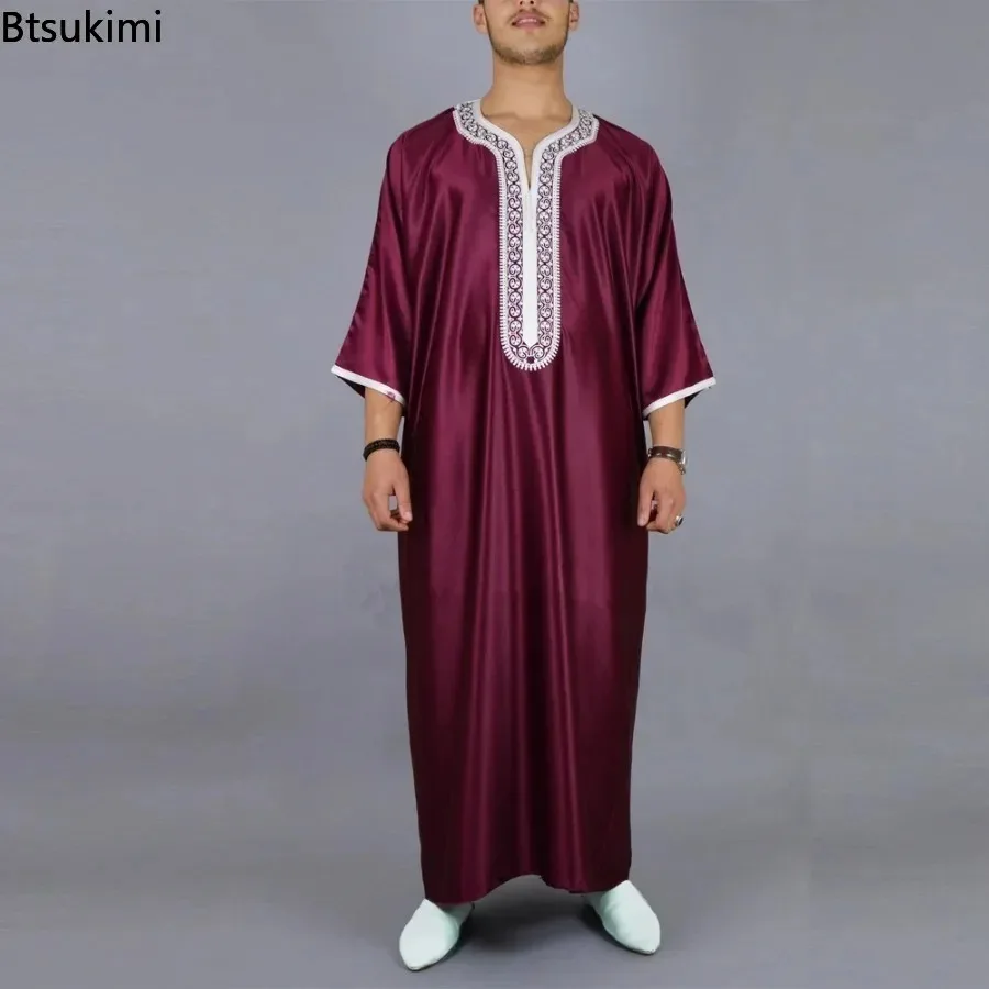 New 2024 Men's Muslim Jubba Thobe Patchwork Soft V Neck Long Sleeve Caftan Dubai Robe Vintage Islamic Arabic Men Kaftan Abaya new 2024 men s muslim jubba thobe patchwork soft v neck long sleeve caftan dubai robe vintage islamic arabic men kaftan abaya