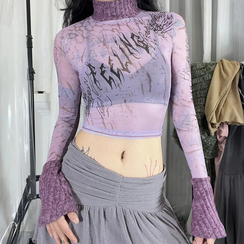 

Goth Dark Cyber Gothic Mesh See Through Crop Tops Y2k Knitted Turtleneck Bodycon Printed T-shirts Women Sexy Korean Fashion Tees