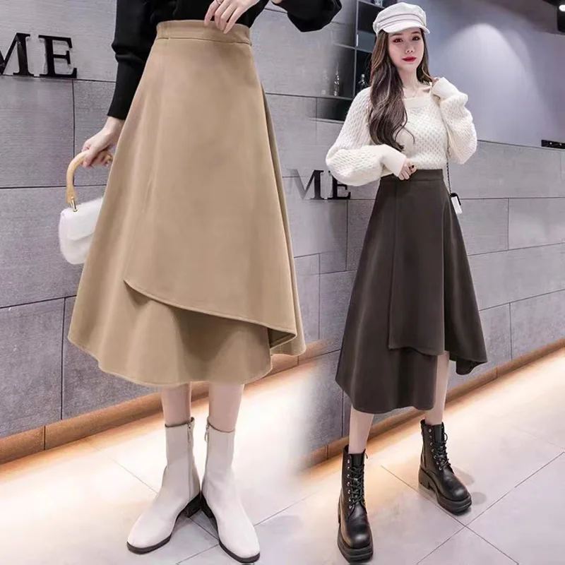 

Irregular Woolen A-line Skirt Women's 2022 Spring Autumn New High Waist Thin Solid Color Large Swing Mid-length Umbrella Skirt