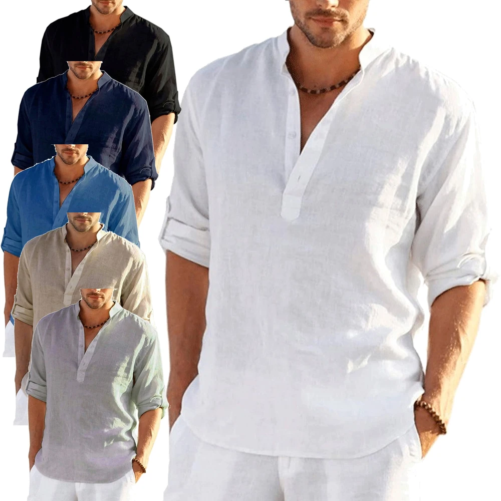 Men Linen Long Sleeve Solid Color Loose Casual Shirt Cotton Tops Blouses cotton shirt long sleeve shirt