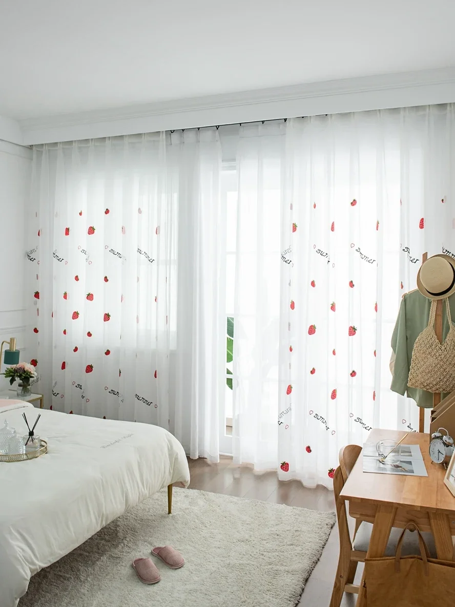 Decor Curtains Embroidered Curtains Window Curtains Modern Minimalist Fruit Tulle For Kitchen Bedroom Cute Strawberry Embroidery Curtains For Bedroom For Living Room Home Decor
