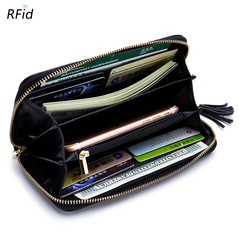 Genuine Leather Women Solid Long Wallets Ladies Tassel Design Clutch Female Phone Money Bag Coin Zipper Purse Rfid Card Holder 3