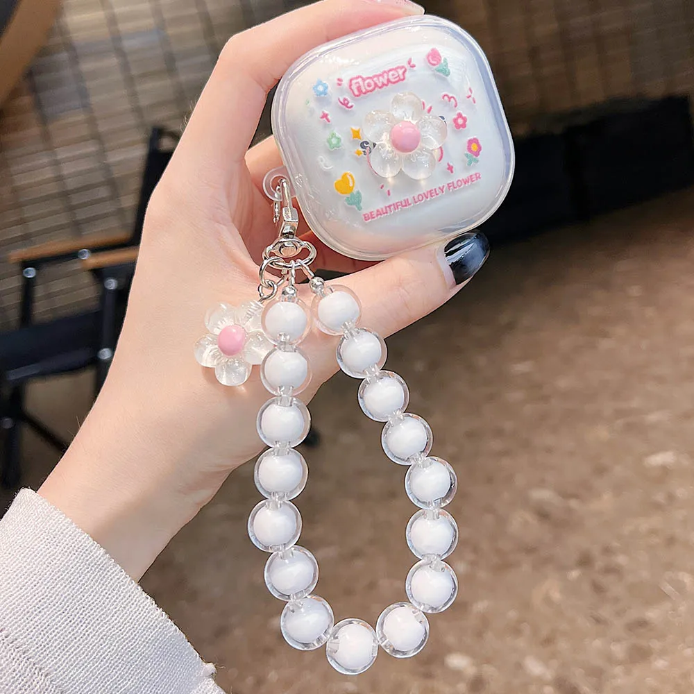 Floral 3D Flower Transparent Earphone Case with Beaded Bracelet