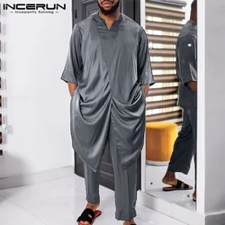 Men Muslim Sets Satin Solid Color Islamic Arabic V Neck Half Sleeve Kaftan Jubba Thobe & Pants 2PCS 2023 Men Suits S-5XL INCERUN