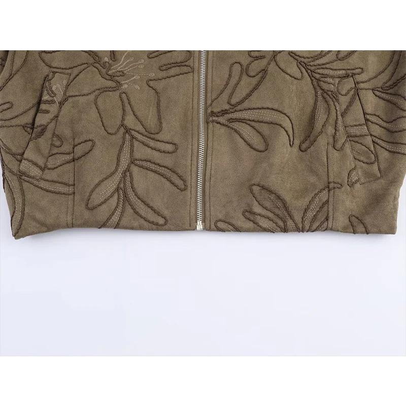 2025 Women Autumn Fashion Suede Embroidery Jacket Front Zipper Loose Bomber Jackets Coat Casual Long Sleeve Commuting Outerwear