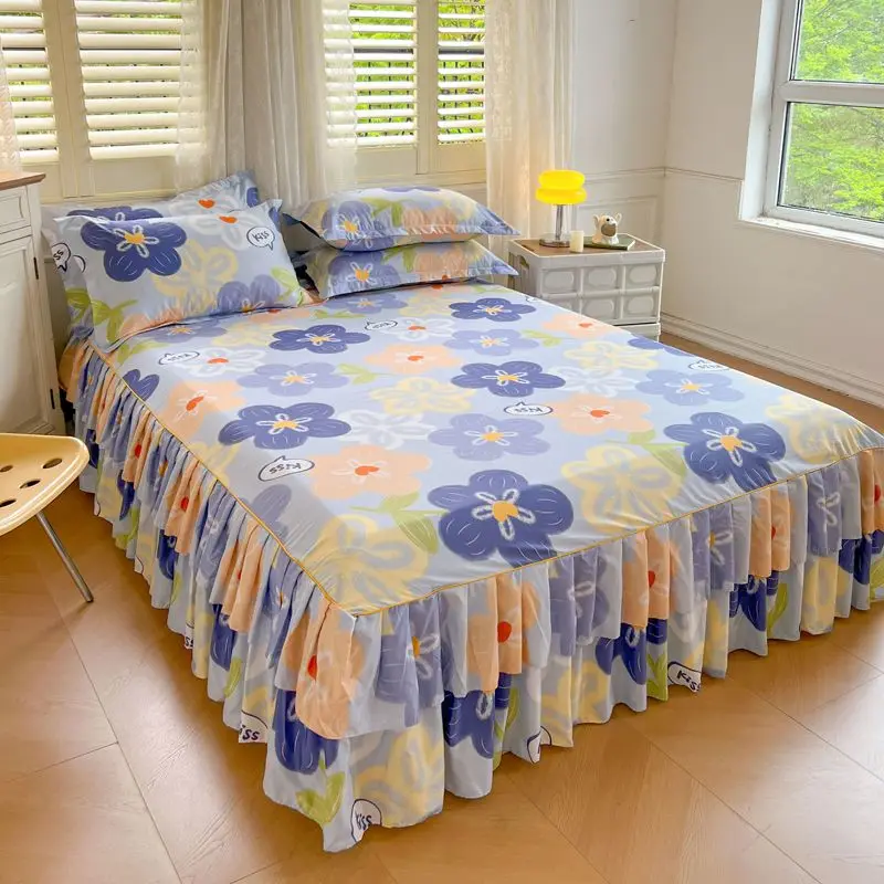 

Korean pastoral style ins bed skirt bed cover 1pcs all season anti slip new printed bed sheet protection cover bed skirt