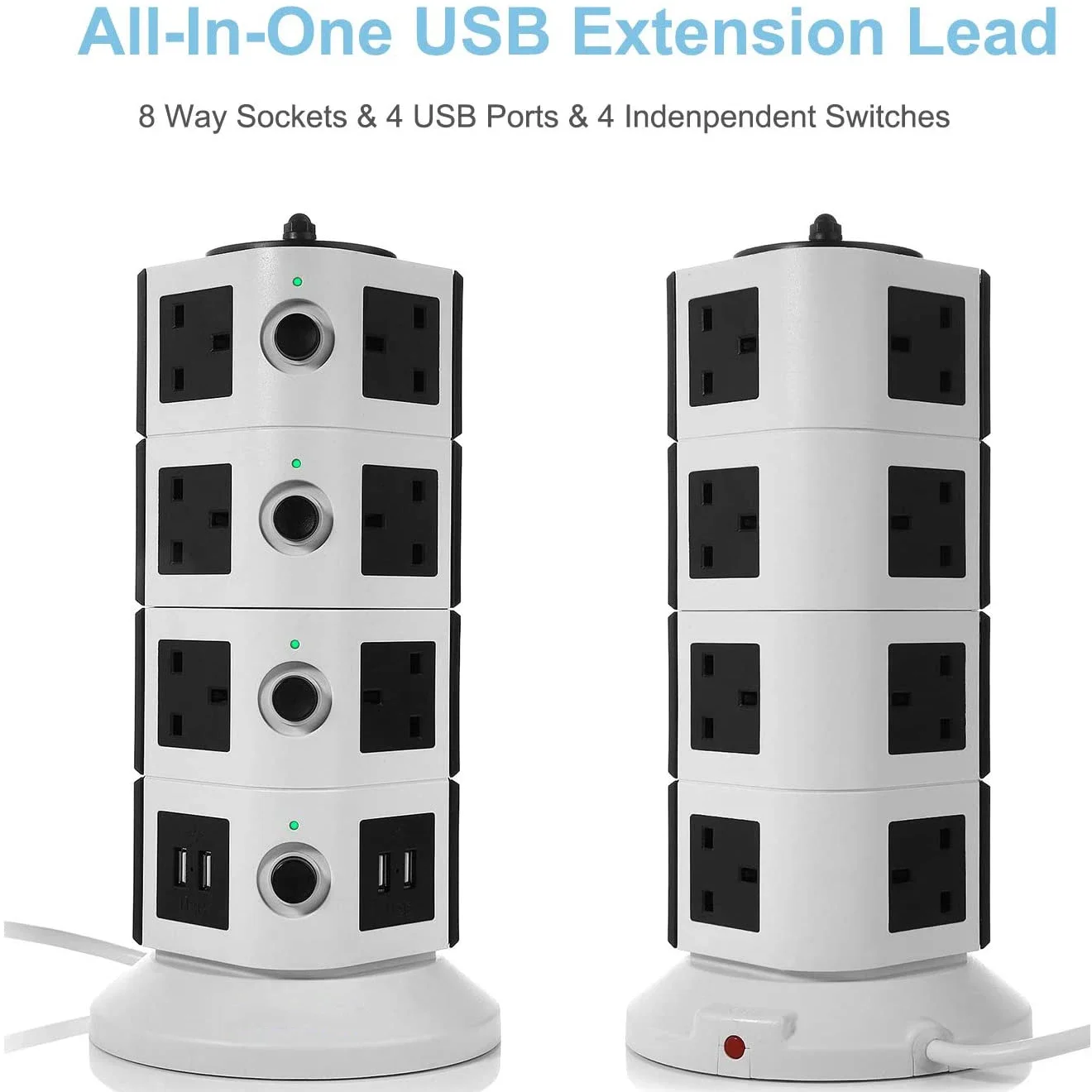 Vertical Power Strip Multiple Surge Protector Extension Socket Individually Switched Plug Outlet USB Charging Station 2m Cable