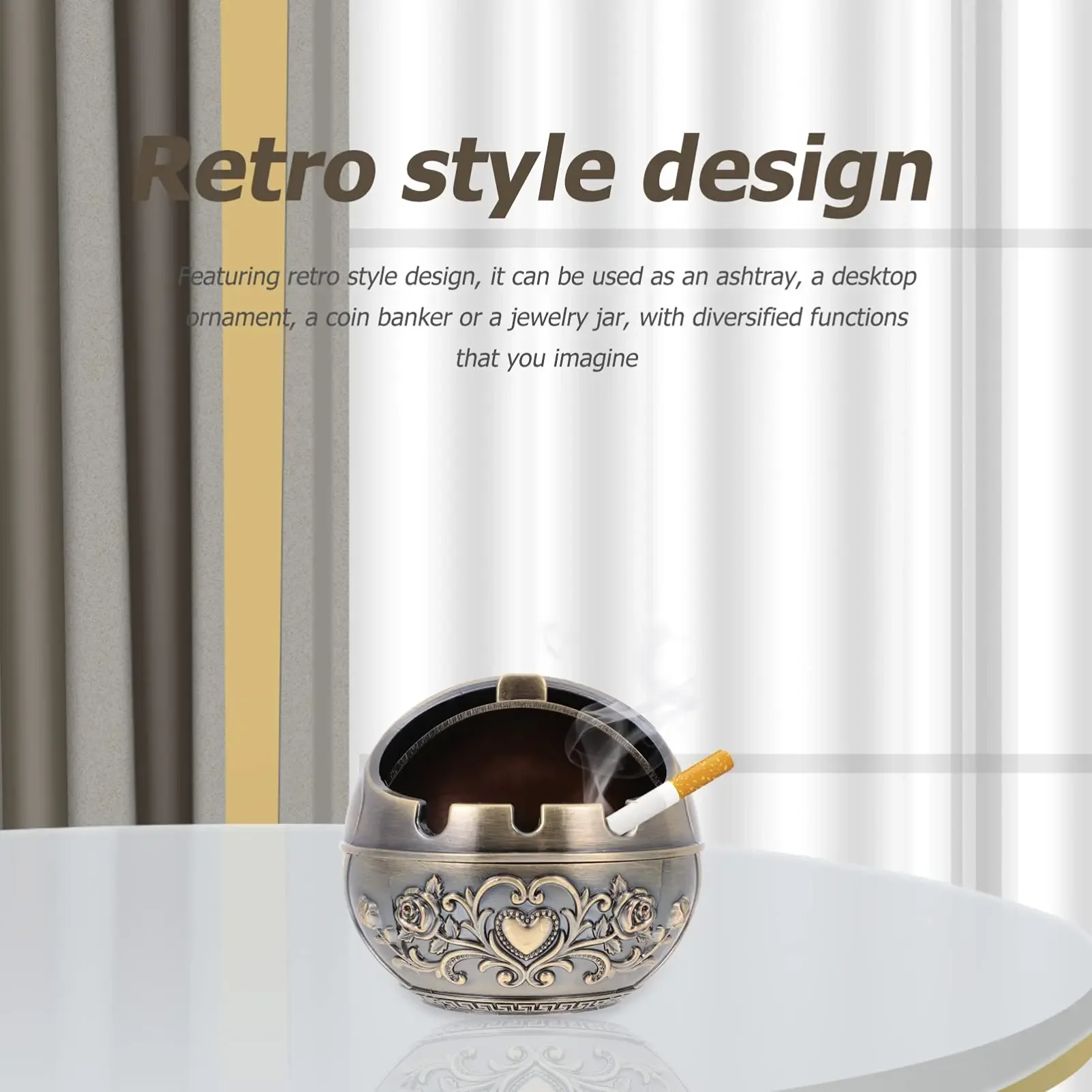 Portable Metal Ashtray Retro Decorative with Lid Indoor and Outdoor Carved Smoking Set